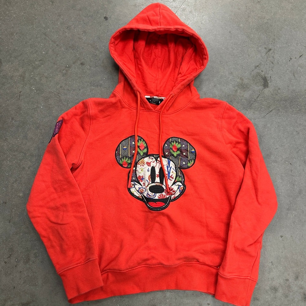 Desigual Disney Mickey Mouse Hoodie Red Floral Patch Sweatshirt Womens Medium